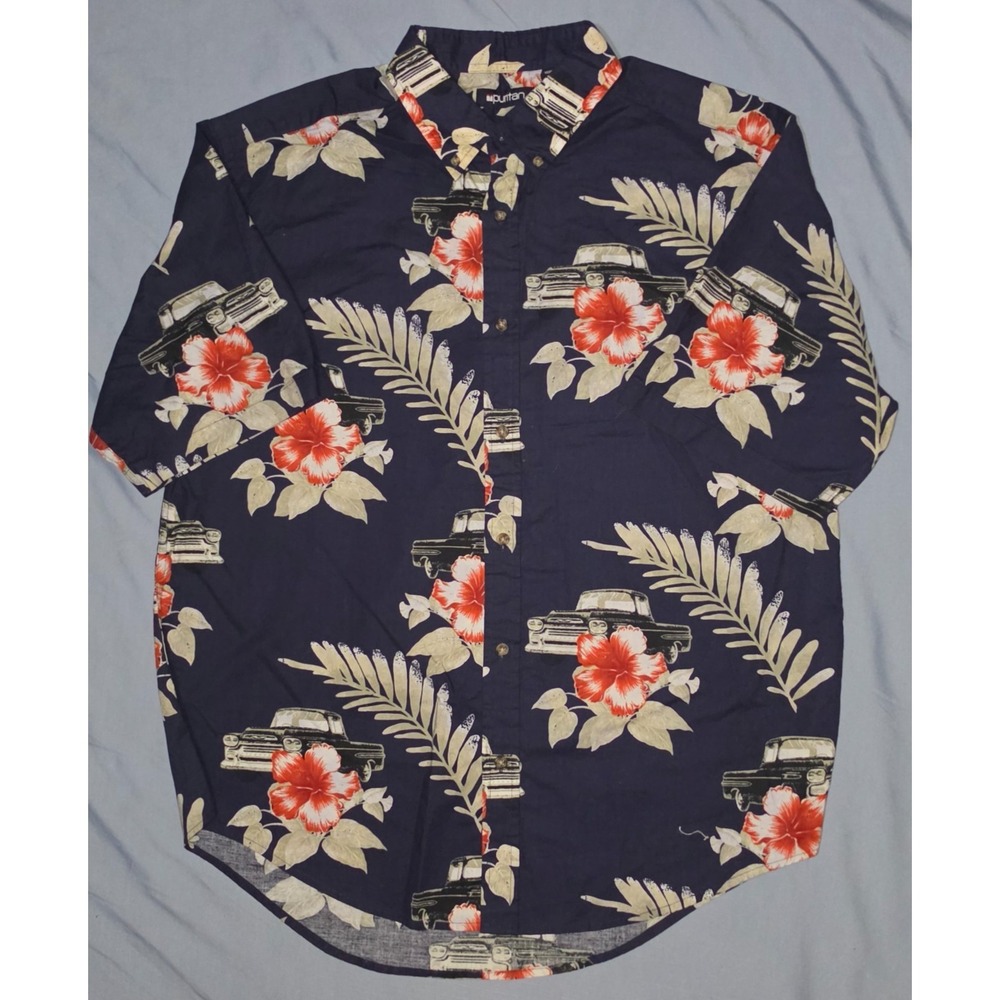 Vintage Puritan Button‎ Down Shirt Sz Large Truck Flower Print Short Sleeve Blue